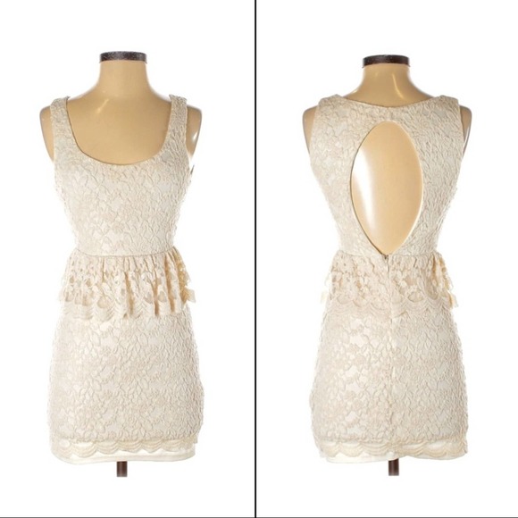 PINS & NEEDLES | Ivory Sleeveless Lace Cutout Back Peplum Mini Cocktail Dress - Picture 4 of 11